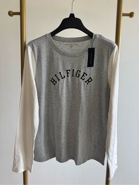 Tommy Hilfiger Grey Heather Body White Long Sleeve Logo Tee